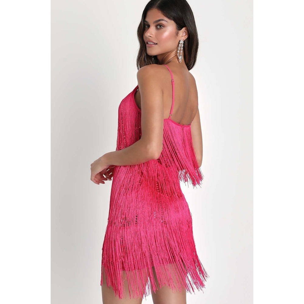 Lulus Hot Pink Sequin Fringe Dress Sz M NWT Bodycon Party Cocktail Mini - Picture 6 of 11